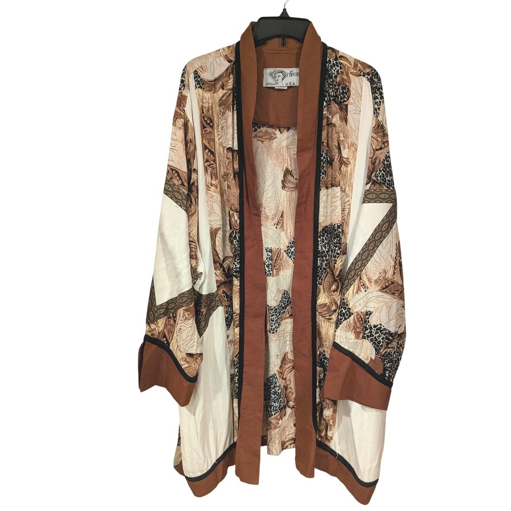 Fixsun USA Mixed Leopard Floral Print Kimono Jacket XL Rust‎ Brown Vintage 80s